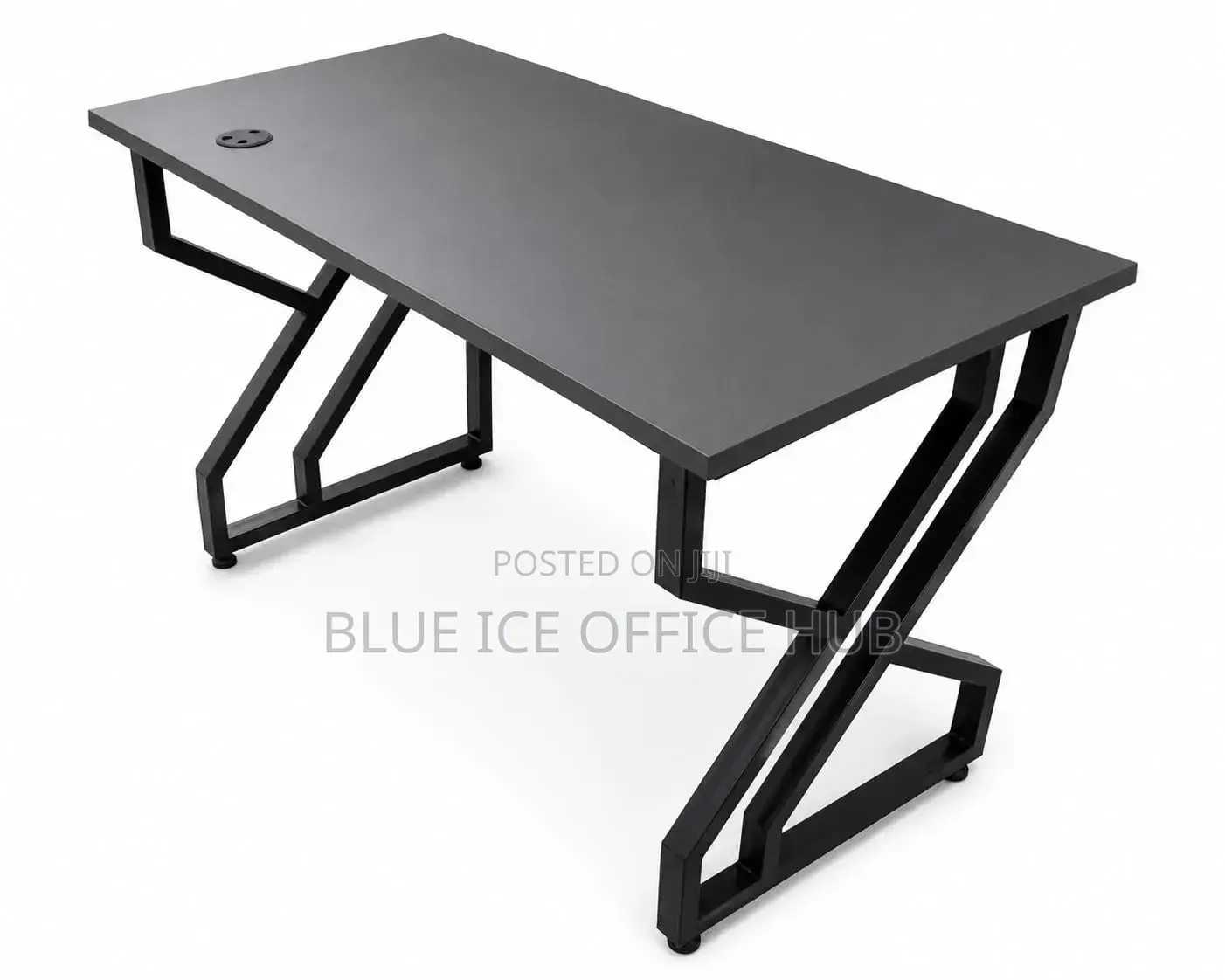 Modern Black Office Desk With Geometric Metal Frame Cable Grommet