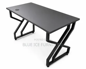 Modern Black Office Desk With Geometric Metal Frame Cable Grommet