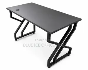 Modern Black Office Desk With Geometric Metal Frame Cable Grommet