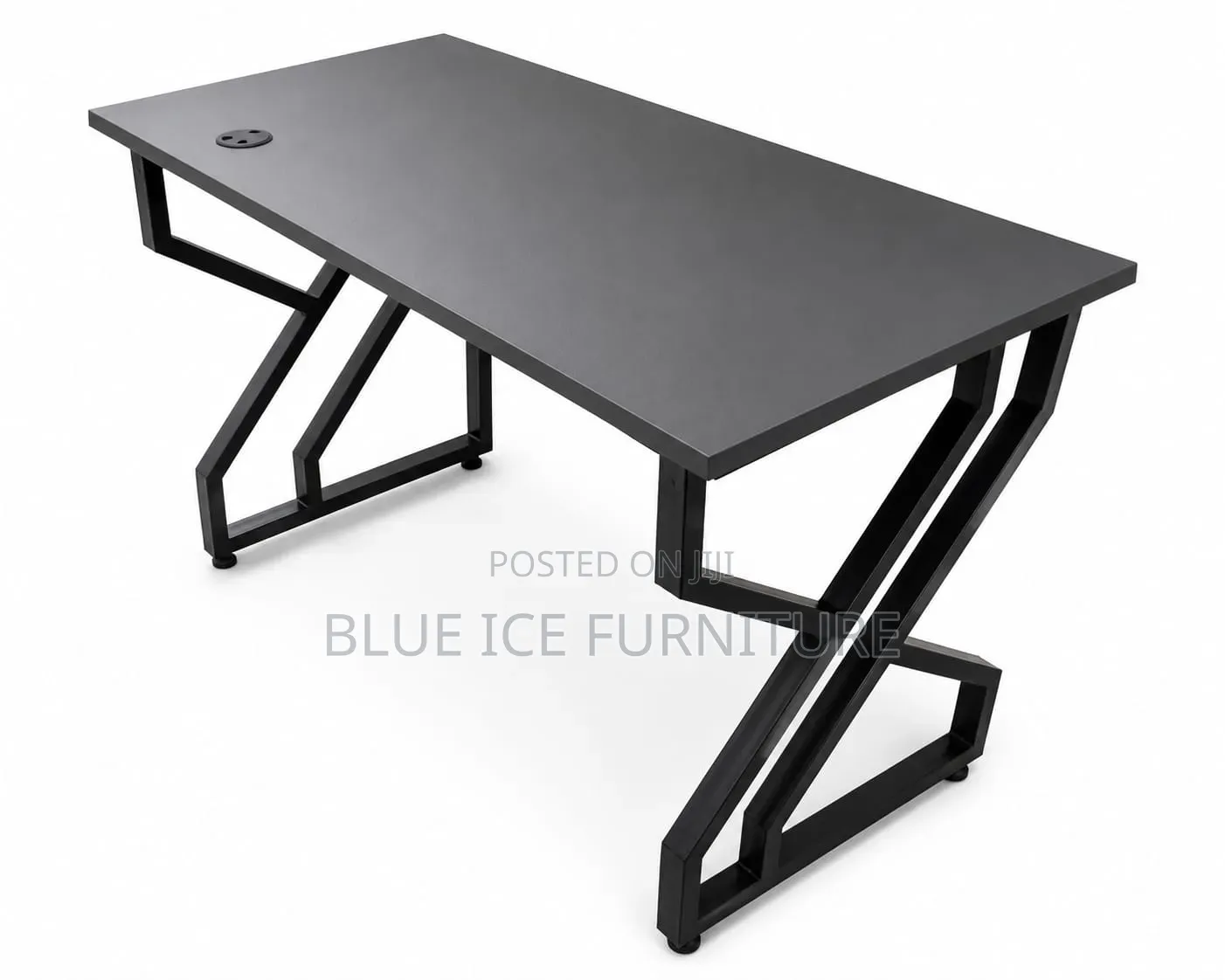Modern Black Office Desk With Geometric Metal Frame Cable Grommet