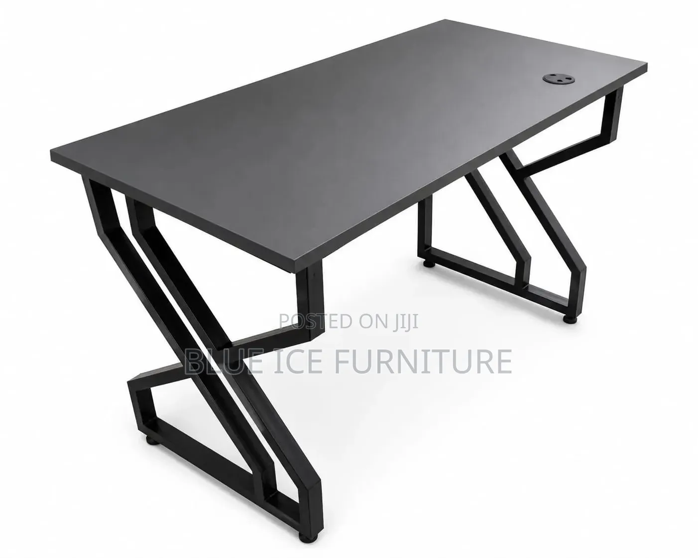 Modern Black Office Desk With Geometric Metal Frame Cable Grommet
