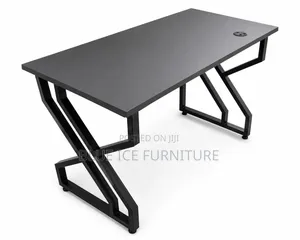 Modern Black Office Desk With Geometric Metal Frame Cable Grommet
