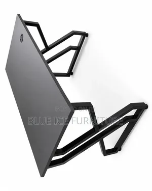 Modern Black Office Desk With Geometric Metal Frame Cable Grommet