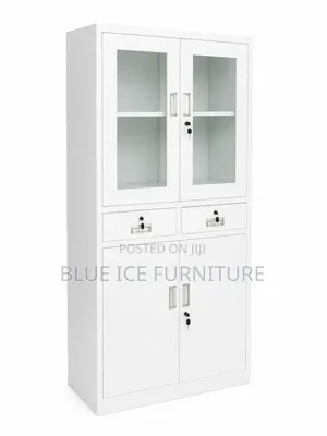 White Office Storage Cabinet With Glass Doors Drawers Lockable