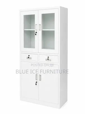 White Office Storage Cabinet With Glass Doors Drawers Lockable