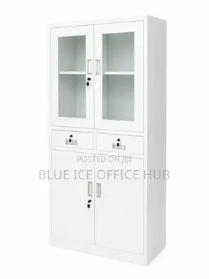White Office Storage Cabinet With Glass Doors Drawers Lockable