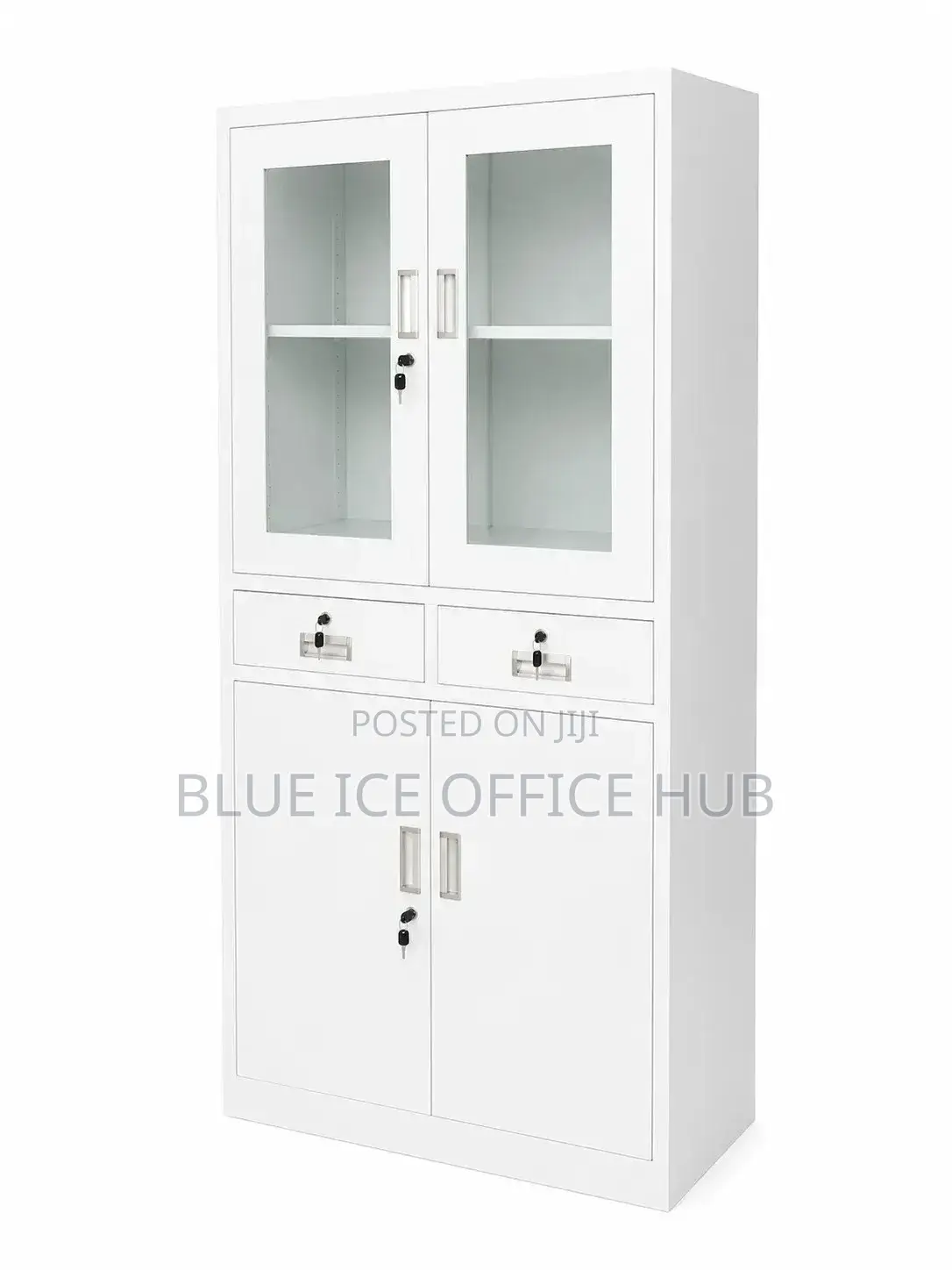 White Office Storage Cabinet With Glass Doors Drawers Lockable