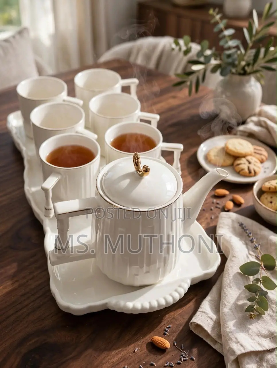 8 PCS White Ribbed Tea Set
