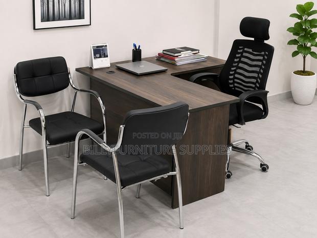 American Walnut L Shaped Desk and Chairs