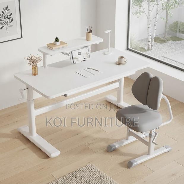 Office Table; Manua; Height Adjustable White Home Office Table - main view