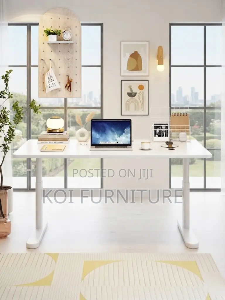 Office Table; Manua; Height Adjustable White Home Office Table