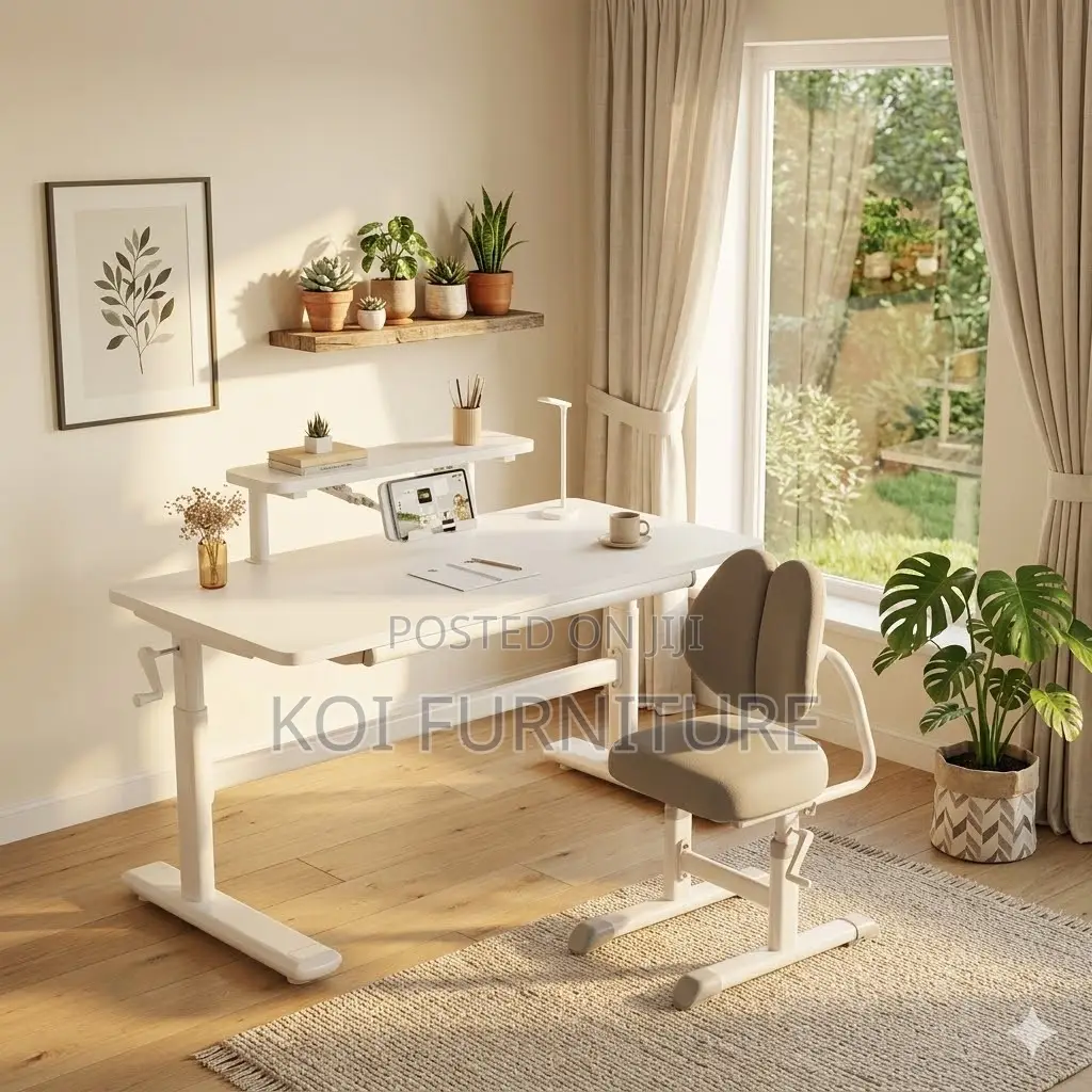 Office Table; Manua; Height Adjustable White Home Office Table
