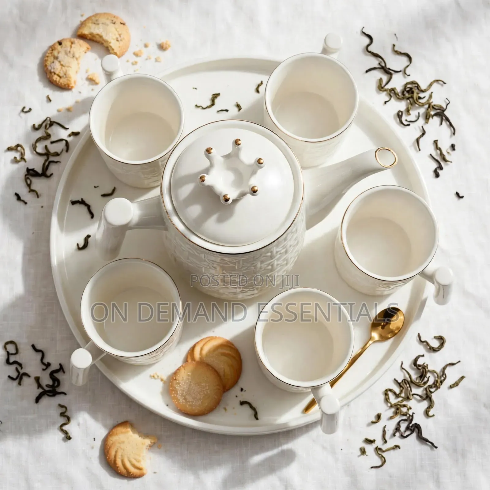 Crown Tea Set — Teapot + 6 Mugs + Rotating Round Tray