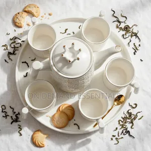 Crown Tea Set — Teapot + 6 Mugs + Rotating Round Tray