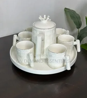 Crown Tea Set — Teapot + 6 Mugs + Rotating Round Tray