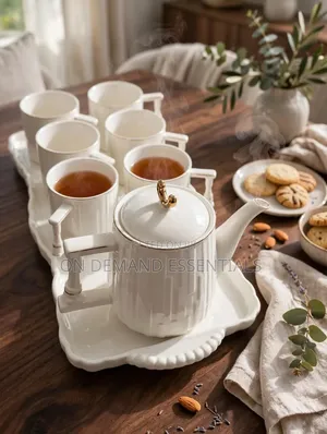 White Ribbed Tea Set — 7pcs + Tray