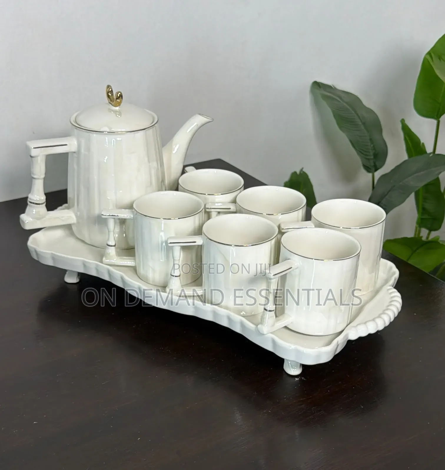 White Ribbed Tea Set — 7pcs + Tray