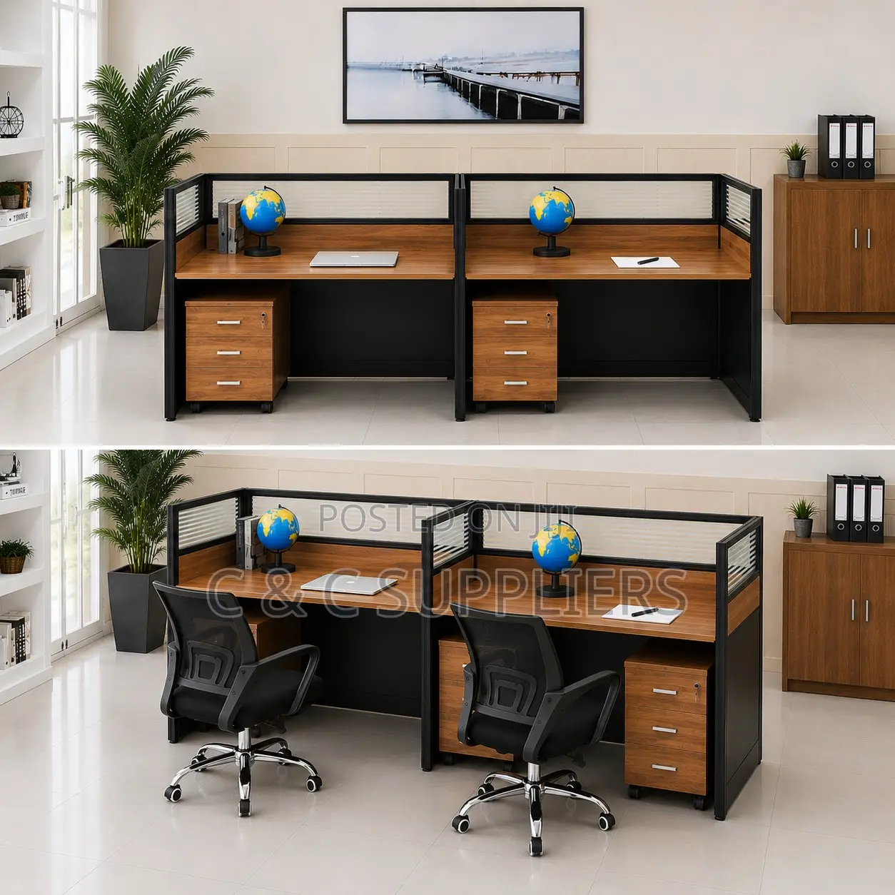 2-Seater Straight Brown Workstation Desk.