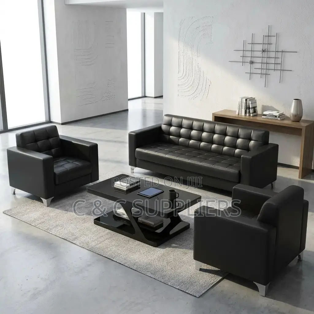 5-Seater Black Leather Waiting Sofa Set.