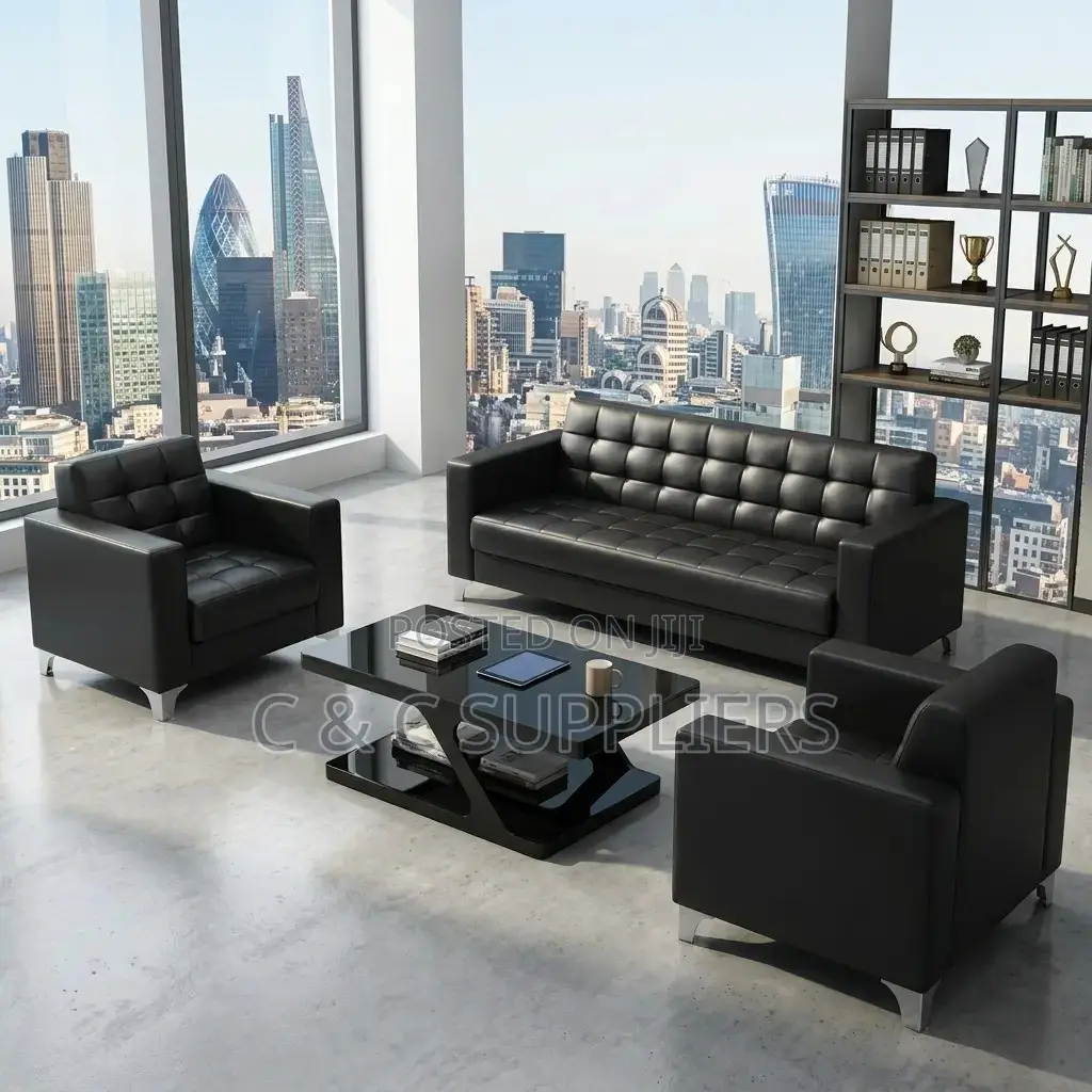 5-Seater Black Leather Waiting Sofa Set.