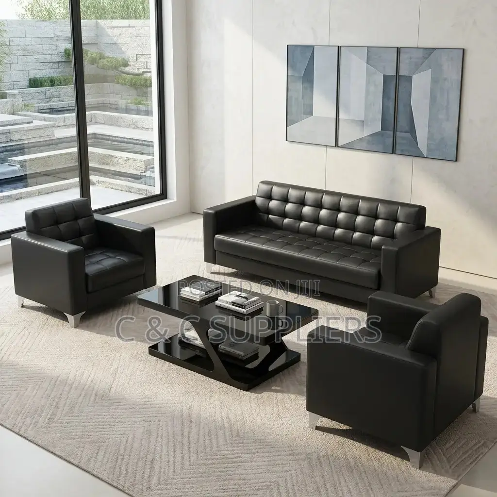 5-Seater Black Leather Waiting Sofa Set.