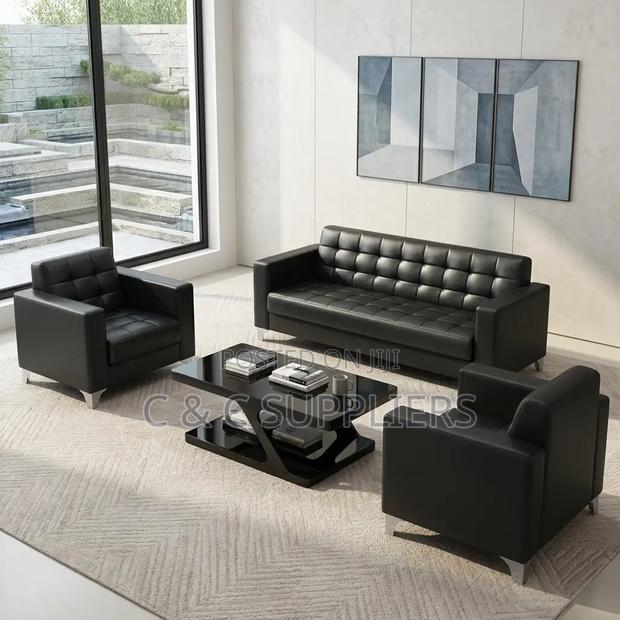 5-Seater Black Leather Waiting Sofa Set. - thumbnail 3