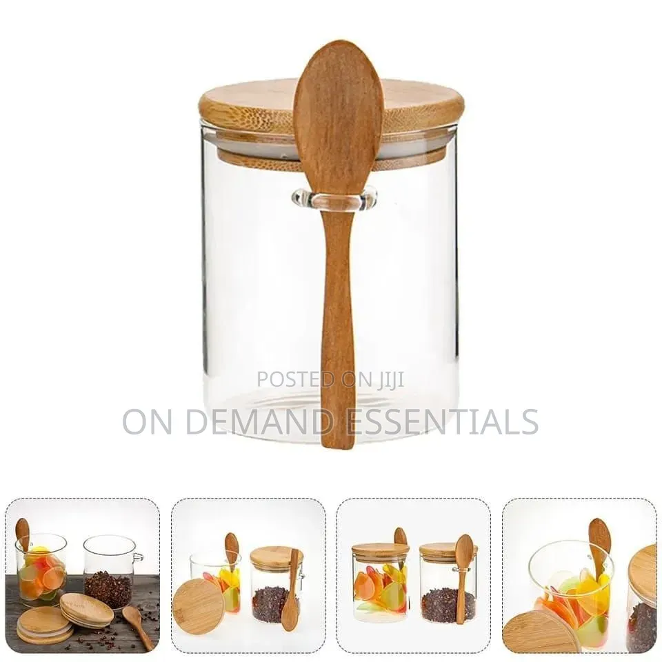 Glass Spice/ Storage Canister With /Bamboo/Wooden Spoon