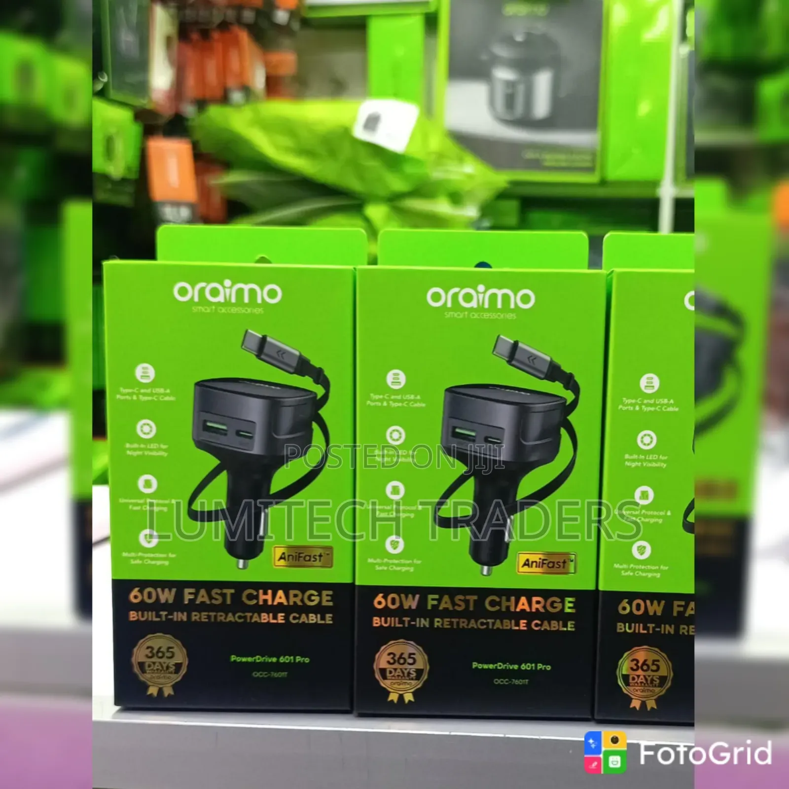 Oraimo Power Drive 601pro 
60W With
Inbuilt Cable (Car Charger)