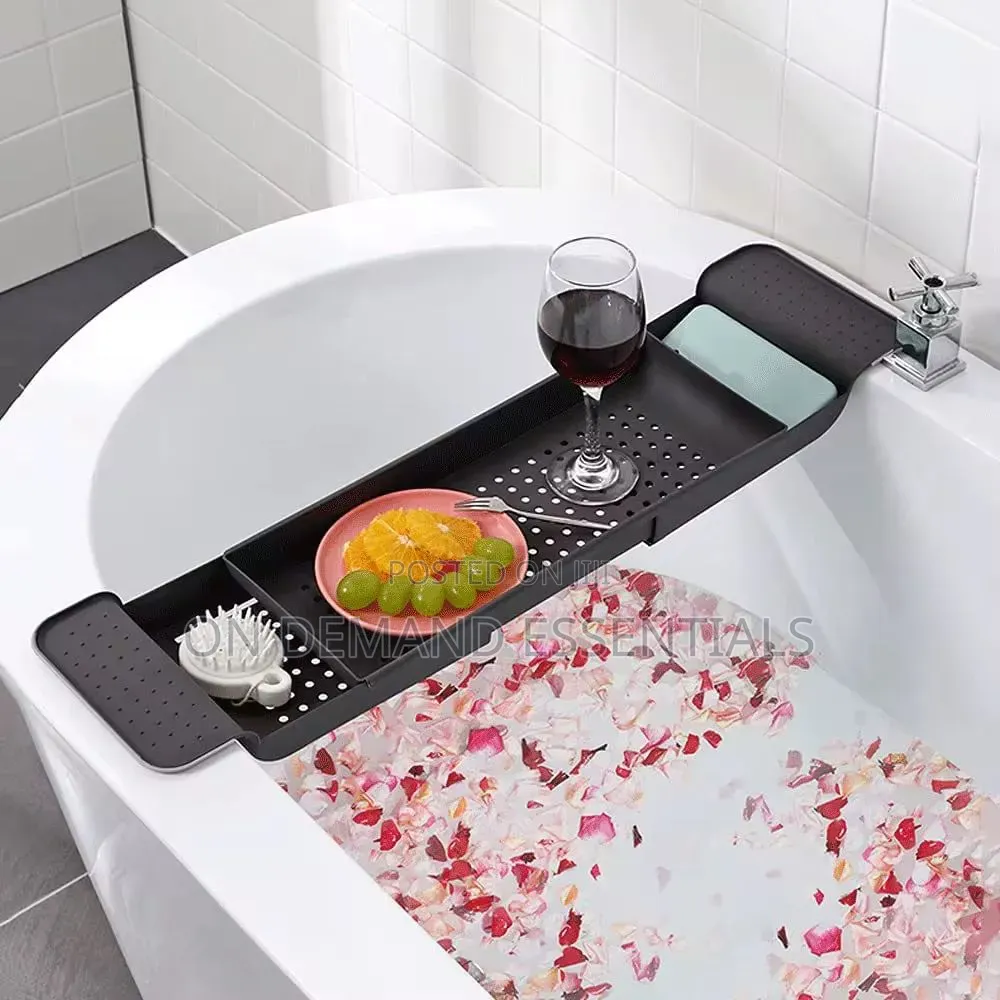 Expandable Bathtub Caddy Tray/ Bathtub Organizer Color: Black