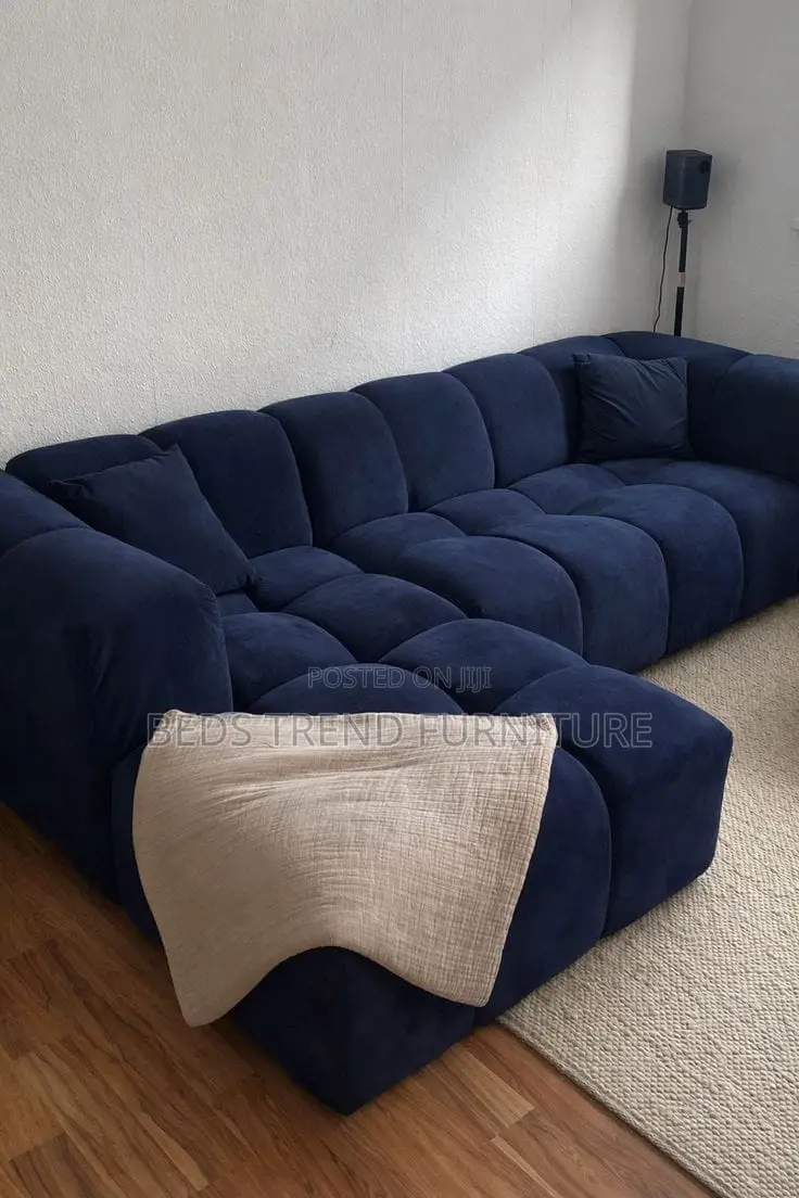 6 Seater L Seat Navy Blue Bubble Design Permanent Back