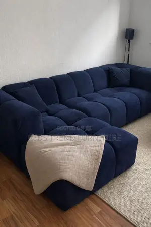 6 Seater L Seat Navy Blue Bubble Design Permanent Back