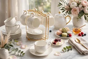 Fine Bone China White Gold Rim Tea Set