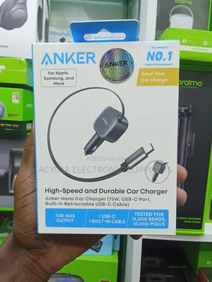 Anker Nano Car Charger 75W USB C Port With a Built-in Retractable Cabl
