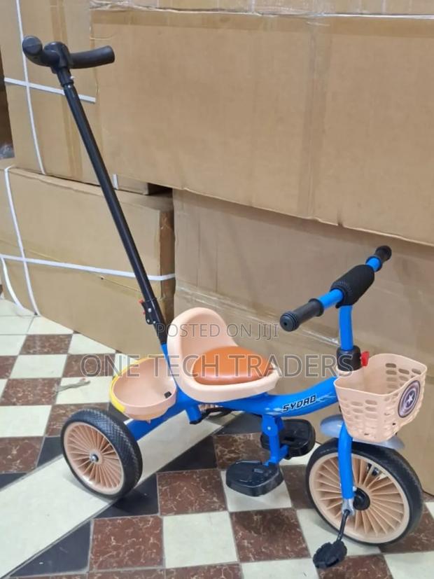 Tricycle With a Push Handle & Leather Seat- Blue