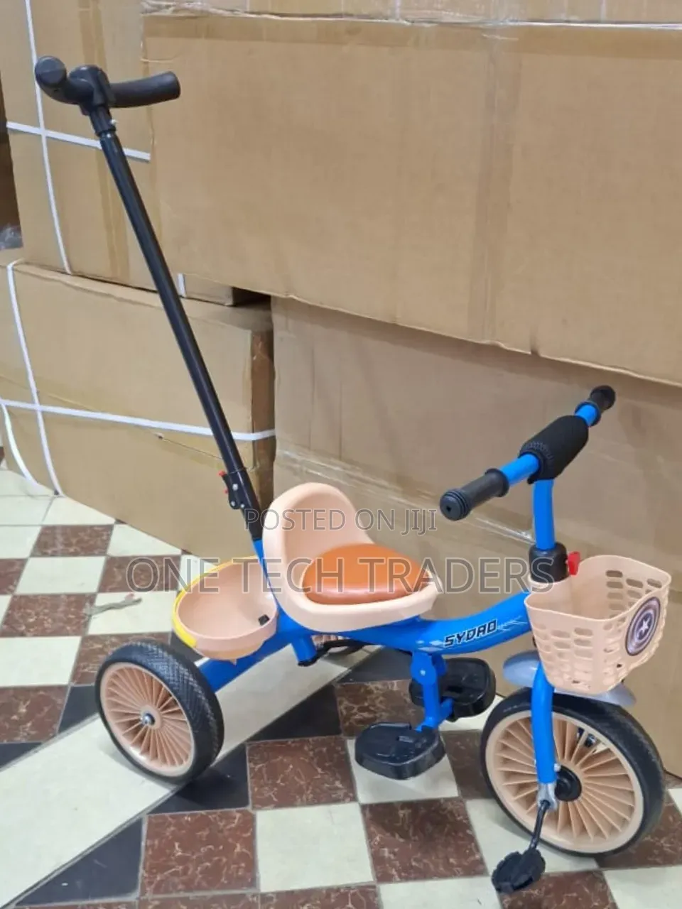Tricycle With a Push Handle & Leather Seat- Blue