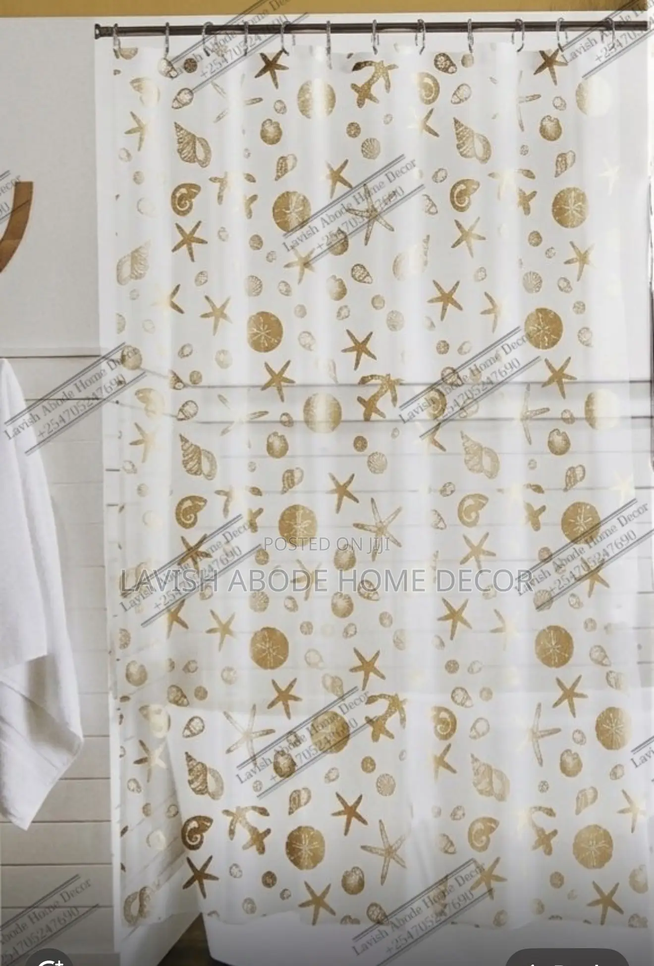 Seashell PEVA Shower Curtain – Waterproof With Gold Details