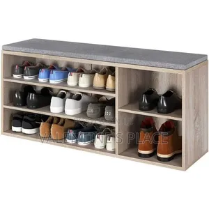 Wooden Shoe Storage Bench With Grey Cushion (Oak Finish)
