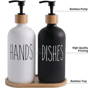 Ceramic Hand Dish Soap Dispenser Set With Bamboo Stand