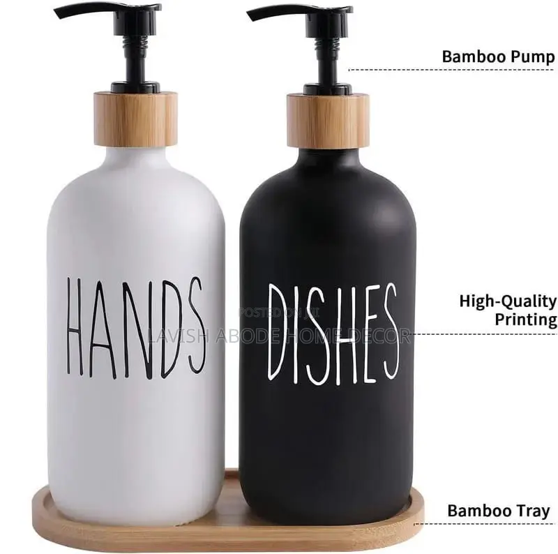 Ceramic Hand Dish Soap Dispenser Set With Bamboo Stand