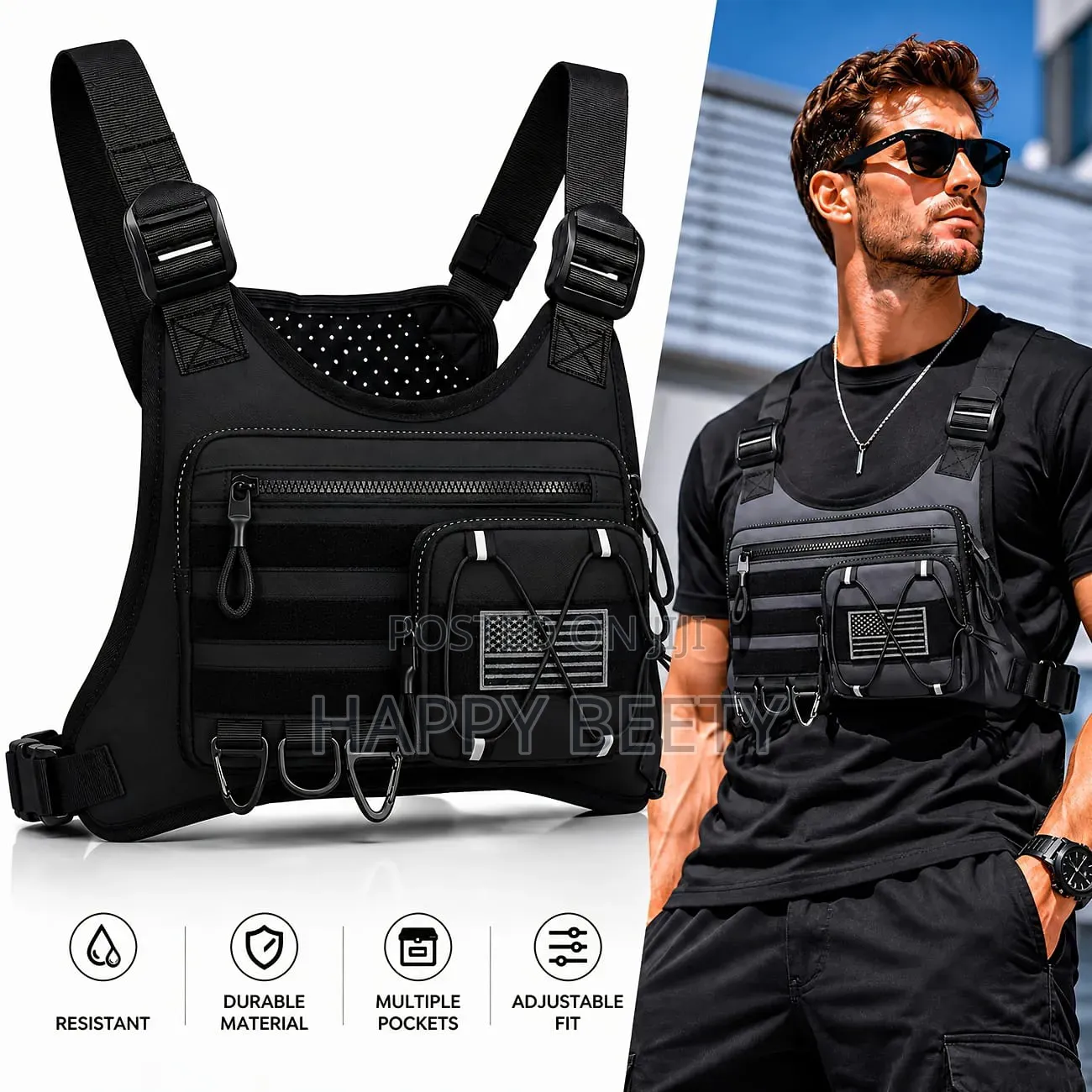 *Black Tactical Sports Chest Rig Bag Featuring a Front Utility Pouch