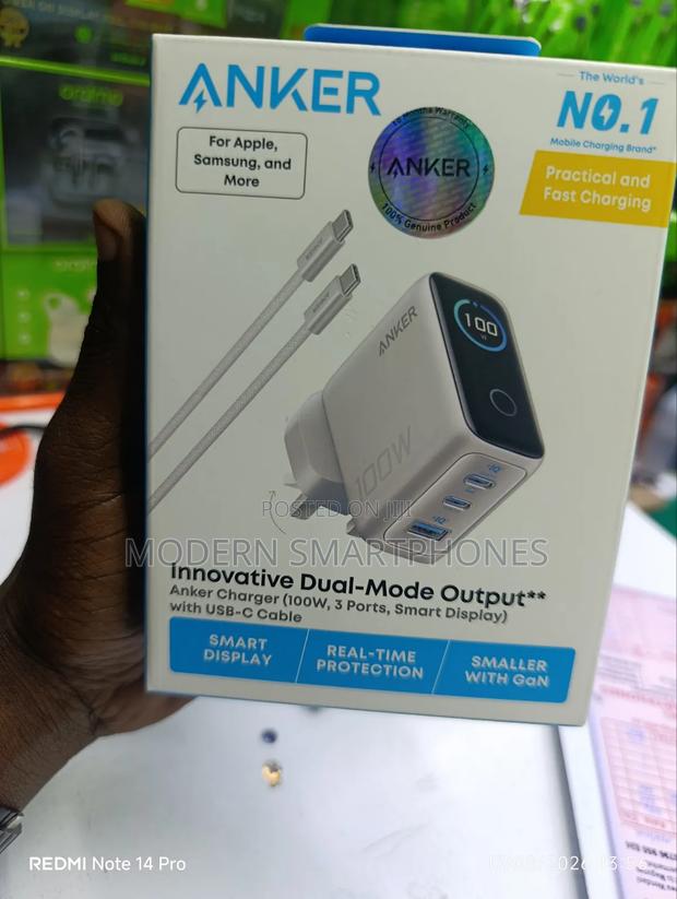 Anker Charger (100W, 3-Ports, Smart Display) With USB-C Cable