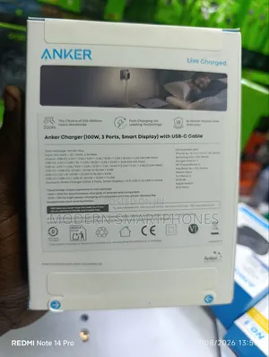 Anker Charger (100W, 3-Ports, Smart Display) With USB-C Cable
