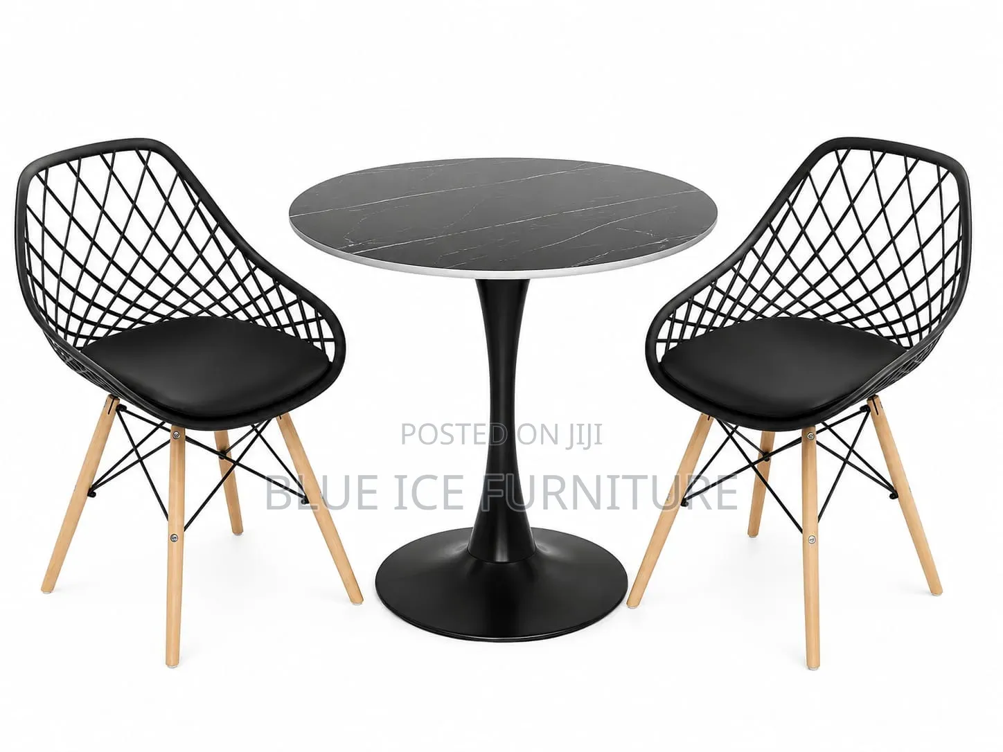 Modern Round Dining Table Set With 2 Chairs – Black Wood