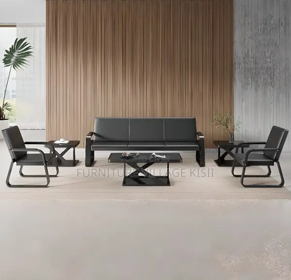 Office Sofa: 5-Seater Black Leather Set