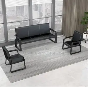 Office Sofa: 5-Seater Black Leather Set
