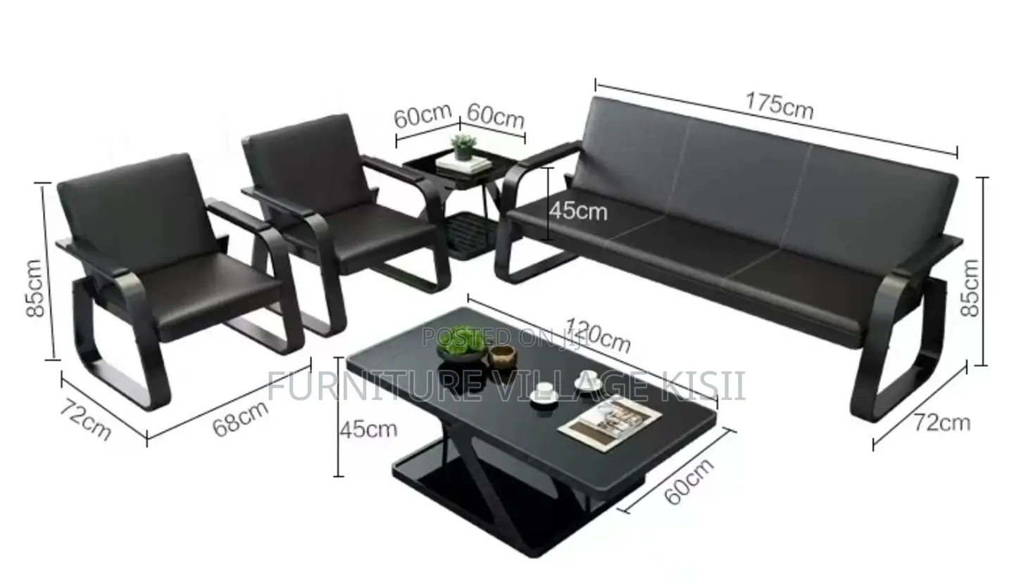 Office Sofa: 5-Seater Black Leather Set
