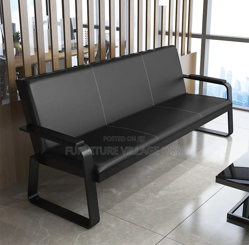 Office Sofa: 5-Seater Black Leather Set