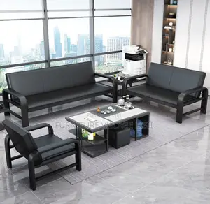 Office Sofa: 5-Seater Black Leather Set