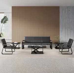 Office Sofa: 5-Seater Black Leather Set