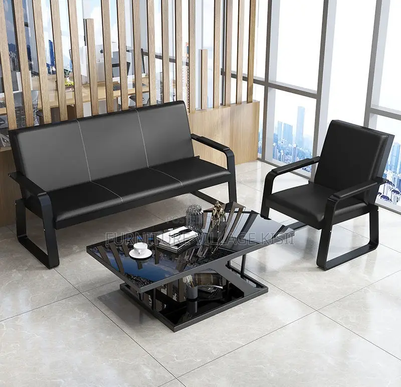 Office Sofa: 5-Seater Black Leather Set